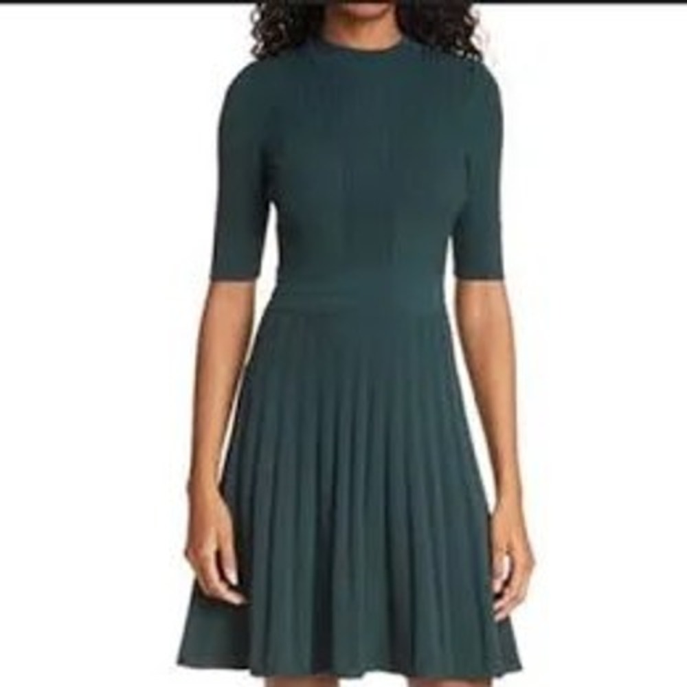 Ted Baker London Forest Green Scalloped Pleated Knit Dress Mock Neck Size 1